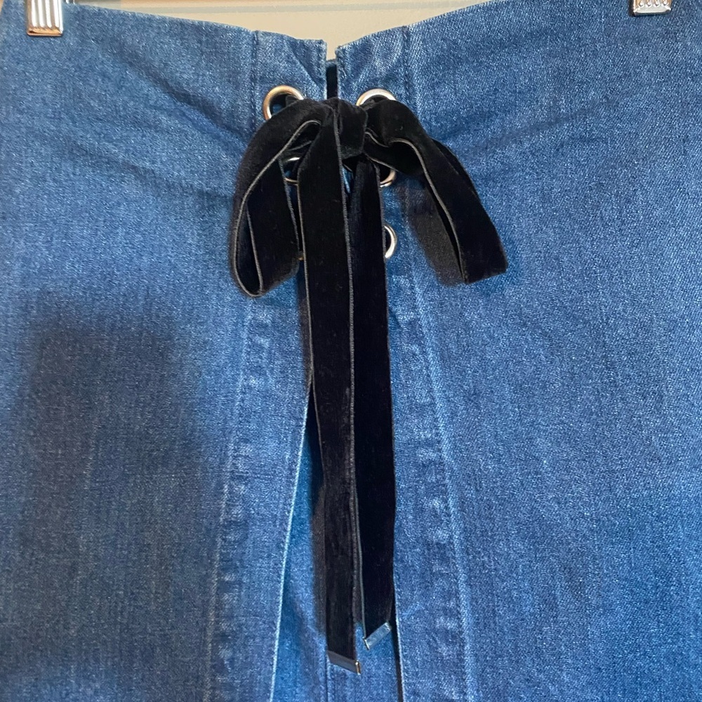Peacebird Layered Denim Skirt Front Tie Side Pockets Size S - Picture 2 of 9